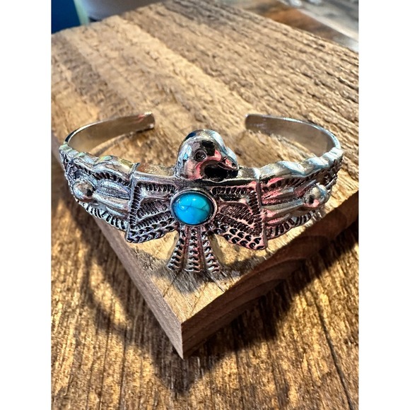 Vintage Bohemian Thunderbird Bangle Bracelet with Turquoise Accent, Gift-Ready - Picture 9 of 10